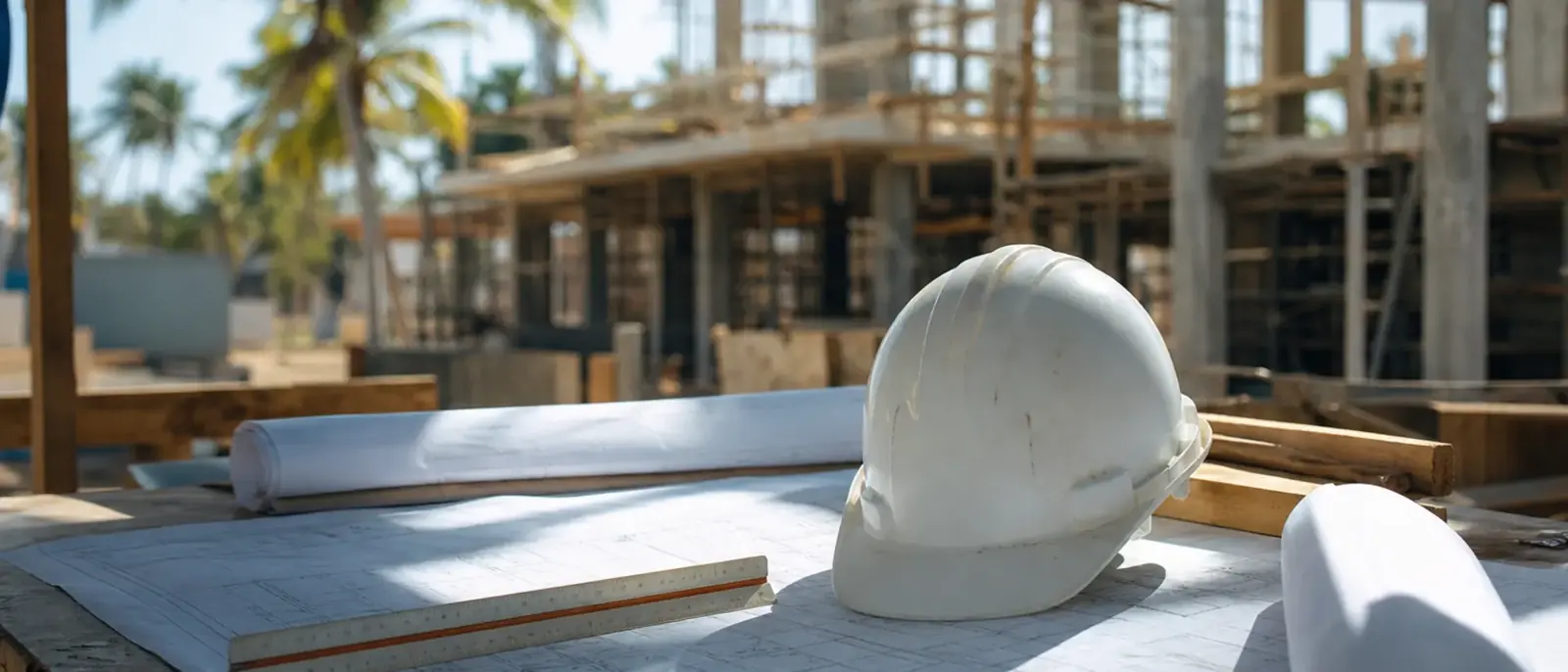 Planos técnicos y casco sobre una mesa de obra